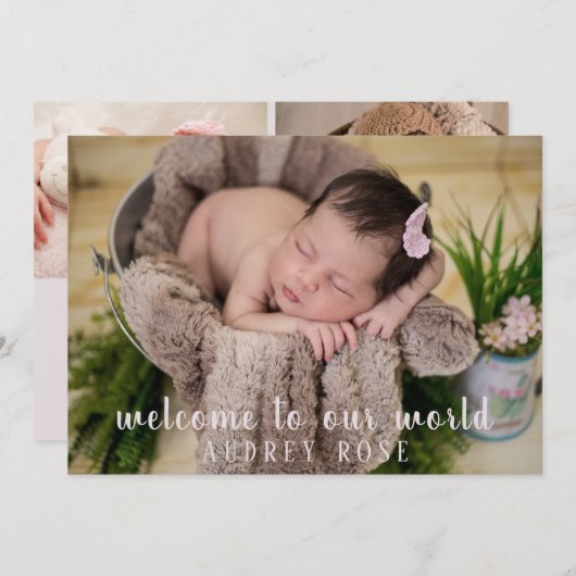 赤面シンプルピンクベビーガールフォトコラージュ誕生 案内状 (正面/裏面)