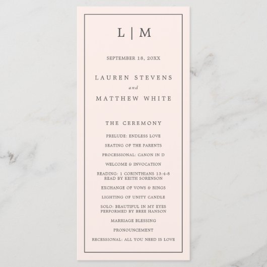 赤面シンプルピンクモノグラムエレガントウェディング プログラム (正面)