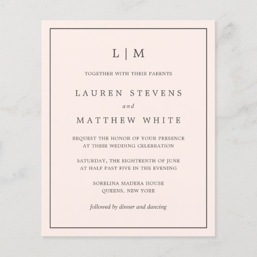 赤面シンプルピンクモノグラムバジェットウェディング招待 (正面)