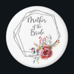 赤面ジオメトリフレームマザーの花嫁ラウンド マグネット<br><div class="desc">幾何学模様の赤面フローラのアクセントモダンと、台本の「花嫁の母」を特徴とエレガントする。結婚式の日、ブライダルシャワー、または歓迎バッグのための素敵な記念品または好意。赤面フローラのコレクシ結婚ョンで座標。</div>