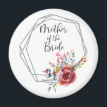 赤面ジオメトリフレームマザーの花嫁ラウンド マグネット<br><div class="desc">幾何学模様の赤面フローラのアクセントモダンと、台本の「花嫁の母」を特徴とエレガントする。結婚式の日、ブライダルシャワー、または歓迎バッグのための素敵な記念品または好意。赤面フローラのコレクシ結婚ョンで座標。</div>