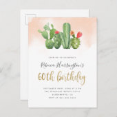 赤面スタイリッシュウォーターカラー&カクタス60誕生日 インビテーションポストカード (正面/裏面)