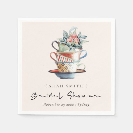 赤面スタックカップフローラブライダルシャワーティーパーティー スタンダードカクテルナプキン (正面)