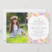 赤面ストライプと開花写真ファーストコミューン 招待状 (正面)