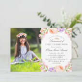 赤面ストライプと開花写真ファーストコミューン 招待状 (スタンド正面)