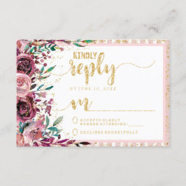 赤面ストライプの花と金ゴールド結婚の返信RSVP 出欠カード
