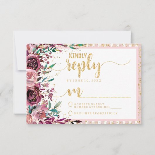 赤面ストライプの花と金ゴールド結婚の返信RSVP 出欠カード (正面)