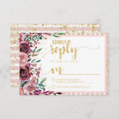 赤面ストライプの花と金ゴールド結婚の返信RSVP 出欠カード (正面/裏面)