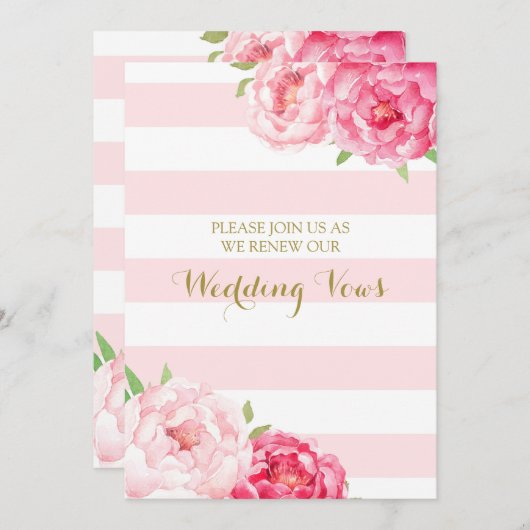 赤面ストライプピンクの花の誓の更新招待状 招待状 (正面/裏面)