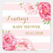 赤面ストライプピンクフローラベビーシャワーメッセージカード スクエアシール (正面)