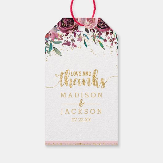 赤面ストライプ花と金ゴールド結婚ズラブ&感謝していs ギフトタグ (裏面)