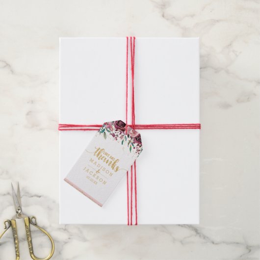 赤面ストライプ花と金ゴールド結婚ズラブ&感謝していs ギフトタグ (より糸付き)