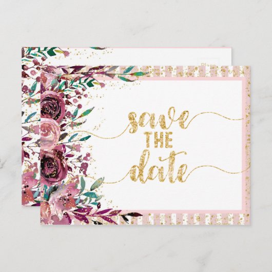 赤面ストライプ花と金ゴールド結婚式の日付を保存 案内ポストカード (正面/裏面)