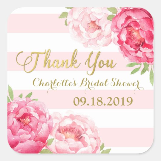 赤面ストライプ金ゴールドピンクフローラブライダルシャワー スクエアシール (正面)