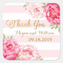 赤面ストライプ金ゴールドピンクフローラ結婚式の引き出物ラベル