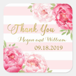 赤面ストライプ金ゴールドピンクフローラ結婚式の引き出物ラベル スクエアシール