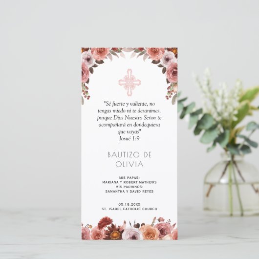 赤面スペインのピンクのフローラバプテスマのブックマーク サンキューカード (スタンド正面)