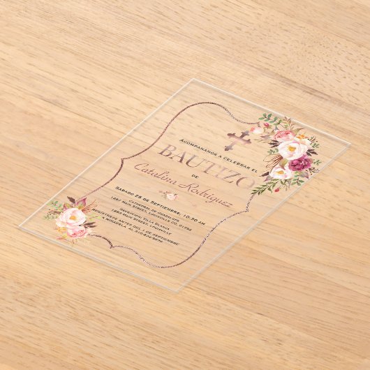 赤面スペインのピンクコンフローレスバラ金ゴールドバウティゾ アクリル招待状 (レイダウン)