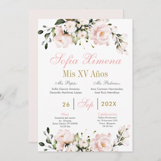 赤面スペインのピンクフローラキンセアニェラ 招待状 (正面/裏面)