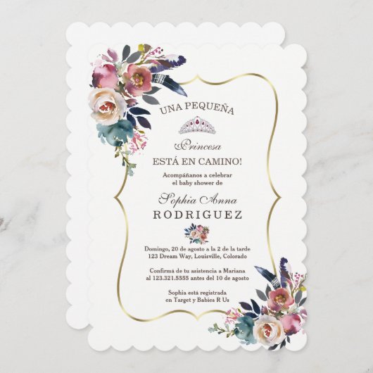赤面スペインのフラワーインビタシオンデベビーシャワー 招待状 (正面/裏面)