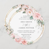 赤面ソフトピンクフローラ金ゴールドグリーナリーラウンド結婚 招待状 (正面/裏面)