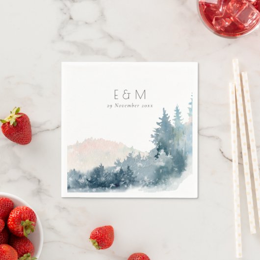 赤面ダスキーブルーマウンテンズパインモノグラム結婚ズ スタンダードカクテルナプキン (インサイチュ)