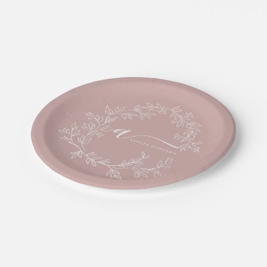 赤面ダスティピンクガーリースクリプトモノグラム名モダン ペーパープレート (アングル)