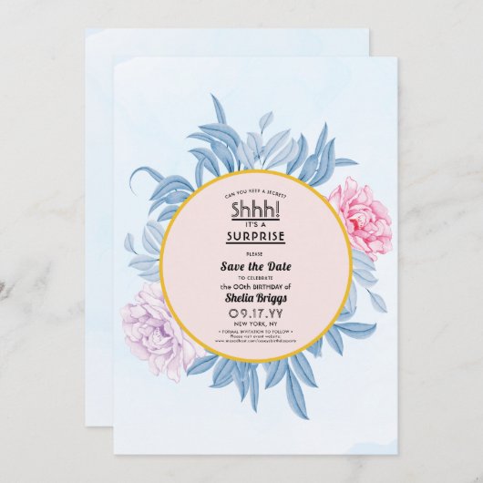 赤面ダスティブルーウォーターカラー40歳誕生日 セーブザデート (正面/裏面)