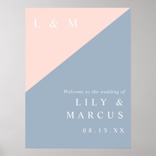 赤面ダスティブルーエレガントなウェディングウェルカムサイン ポスター (正面)