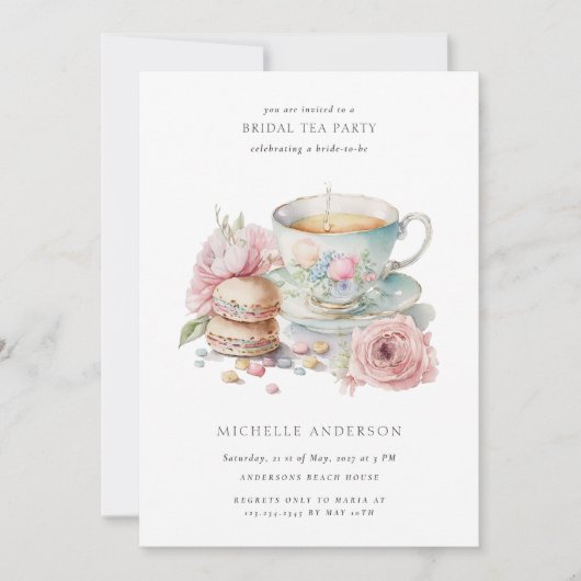 赤面ティーカップマカロンQRコードブライダルシャワー 招待状 (正面)