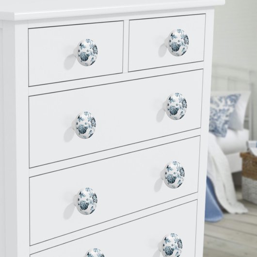 赤面ティール（緑がかった色）&ホワイトボタニカルフローラトイルNo.2 セラミックノブ