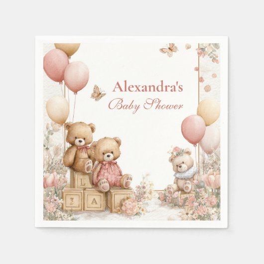 赤面テディベア赤ちゃんシャワー スタンダードカクテルナプキン (正面)