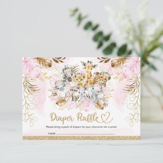 赤面トロピカルサファリベビーシャワーおむつラッフル エンクロージャーカード (スタンド正面)