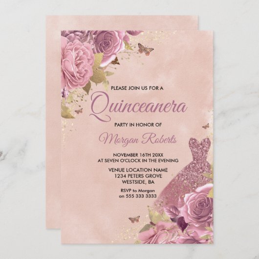 赤面ドレスダスティバラフローラキンセアニェラパーティー 招待状 (正面/裏面)