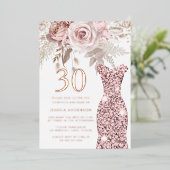 赤面ドレスファブラス30th誕生日パーティーバラ金ゴールド 箔招待状 (立ち正面)