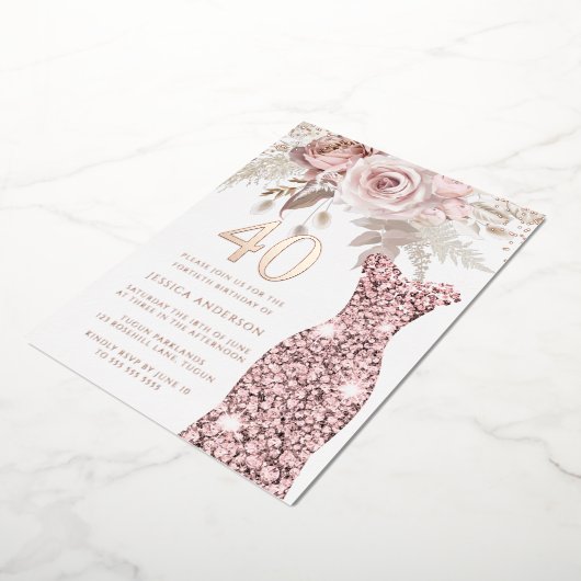 赤面ドレスファブラス40th誕生日パーティーバラ金ゴールド 箔招待状 (回転した状態)