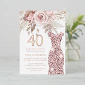 赤面ドレスファブラス40th誕生日パーティーバラ金ゴールド 箔招待状 (立ち正面)
