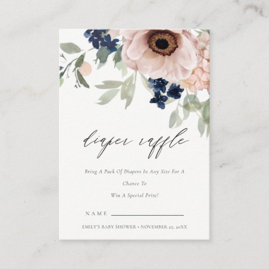 赤面ネイビーアネモネフローラオムツラッフルベビーシャワー エンクロージャーカード (正面)