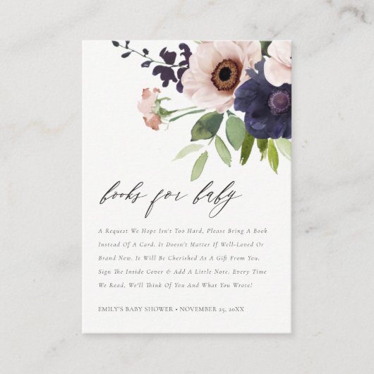 赤面ネイビーアネモンフローラの赤ちゃんシャワー用ブック エンクロージャーカード (正面)
