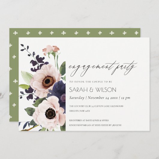 赤面ネイビーアネモンフローラ婚約招待状 サンキューカード (正面/裏面)