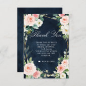 赤面ネイビーダスティブルーボタニカルブライダルシャワー サンキューカード (正面/裏面)