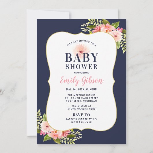 赤面ネイビーピンクフローラ水色ガールベビーシャワー 招待状 (正面)