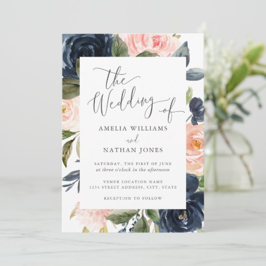 赤面ネイビーフローラフレ結婚ーム 招待状 (スタンド正面)