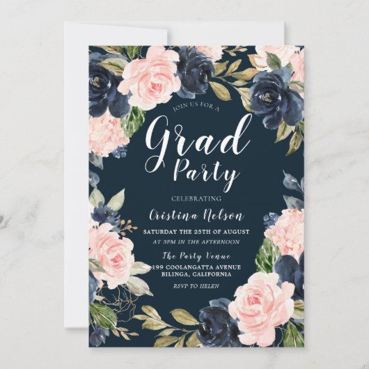 赤面ネイビーフローラリース卒業パーティー 招待状 (正面)