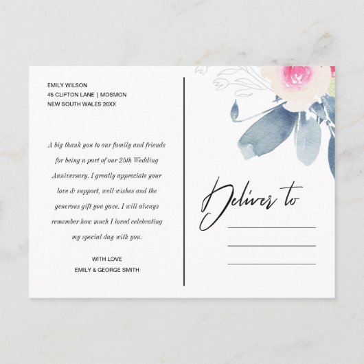 赤面ネイビーフローラ任意の年周年記念ありがとう 案内ポストカード (裏面)