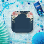 赤面ネイビーフローラ金ゴールド幾何学植物結婚の ペーパープレート (パーティー)