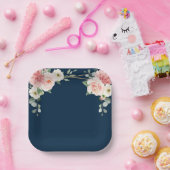 赤面ネイビーフローラ金ゴールド幾何学植物結婚の ペーパープレート (パーティー)