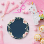 赤面ネイビーフローラ金ゴールド幾何学植物結婚の ペーパープレート (パーティー)