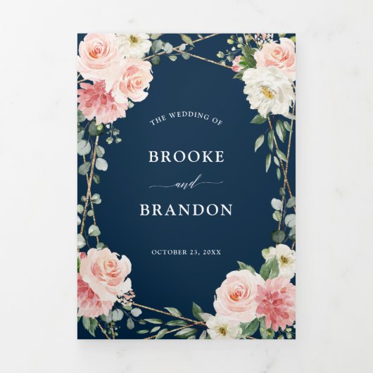 赤面ネイビーフローラ金ゴールド幾何学植物結婚の 三つ折り案内状 (カバー)