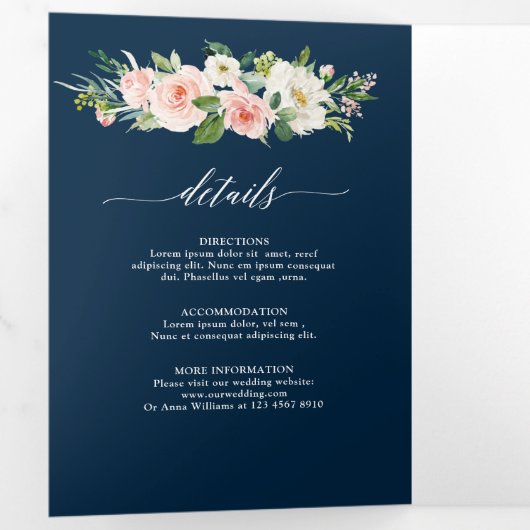 赤面ネイビーフローラ金ゴールド幾何学植物結婚の 三つ折り案内状 (内部最初)